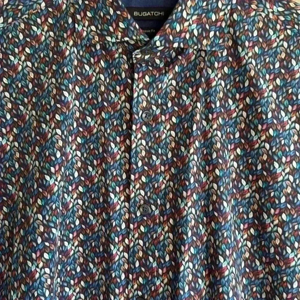 Bugatchi Navy Leaf Print Button Down Classic Fit … - image 2